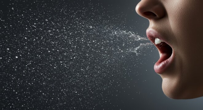 Dramatic close-up of a sneeze expelling a cloud of illuminated respiratory droplets, visualizing airborne viral transmission.