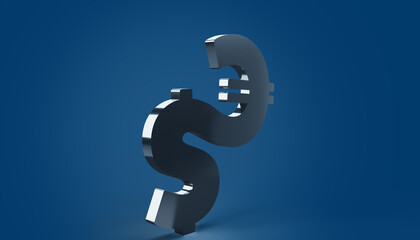 Currency exchange dollar to euro. Silver metallic currency icons cinematic blue background.  Symbol of business and financial concepts. 3D image.