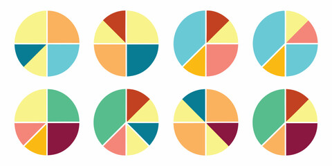 Obraz premium Collection of eight colorful pie chart graphics with different segment proportions and color combinations