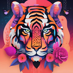 A vibrant surreal nature vector illustration blending realistic animals and blooming flowers with bold minimalism, gradient textures, and futuristic AI-inspired geometric patterns