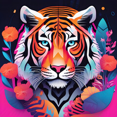 A vibrant surreal nature vector illustration blending realistic animals and blooming flowers with bold minimalism, gradient textures, and futuristic AI-inspired geometric patterns