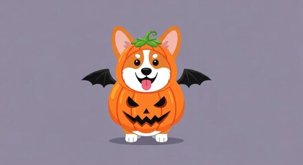 Fototapeta premium Cute Corgi Dog in an Orange Pumpkin Jack O Lantern Costume with Bat Wings