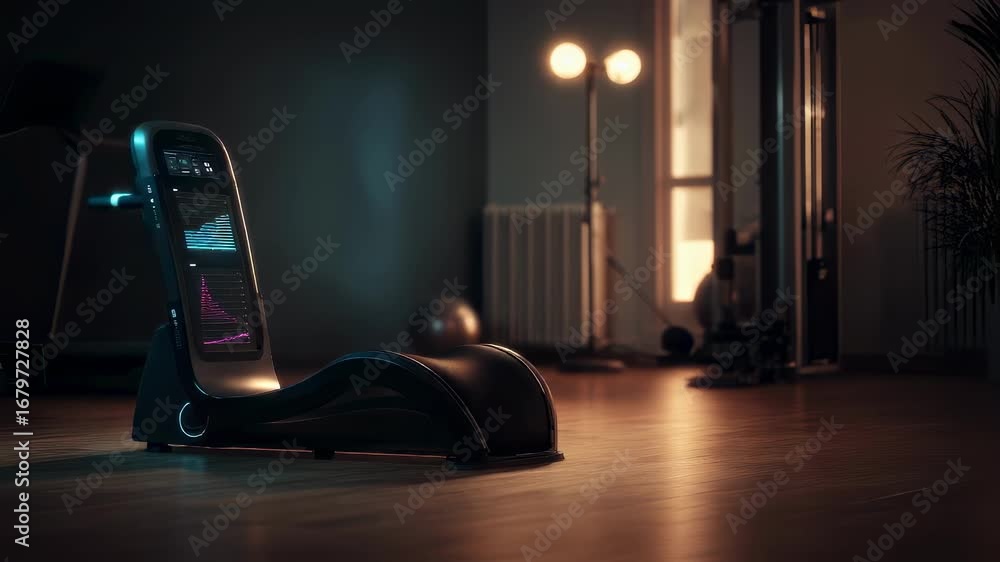 Poster close medium view on sleek pelvicfloor trainer showing pelvic muscle activity data projected upward 