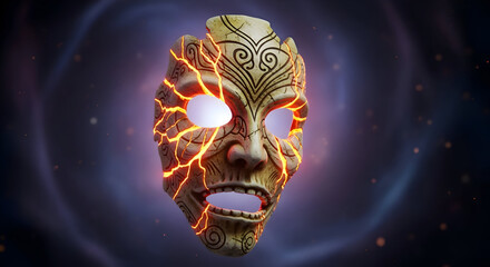 Mysterious ancient mask with glowing cracks and intricate designs, evoking power and intrigue