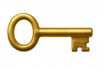 Shiny metallic gold key isolated on a transparent background, symbolizing security, access, and solutions