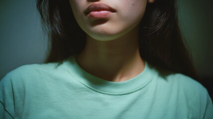 Intimate moody close-up of a young womans lower face and neck wearing a mint green shirt.