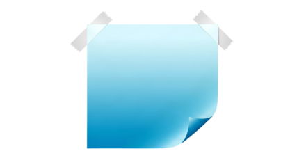 A single blue sticky note attached with tape with a curled corner on a on transparent background