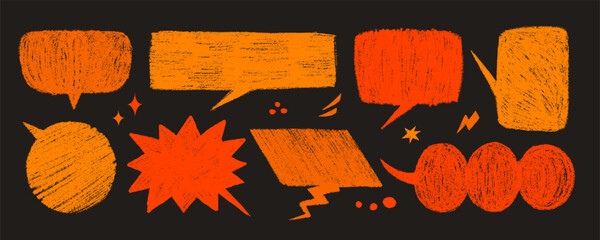 Crayon speech bubble set in orange and red on dark background with spooky texture. Halloween cartoon talk and speech vector. Use for stickers, party decor, comics, spooky prints © ✦ Bizarre Factory ✦