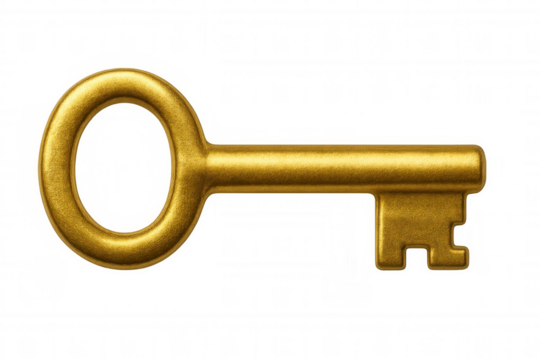 Shiny metallic gold key isolated on a transparent background, symbolizing security, access, and solutions
