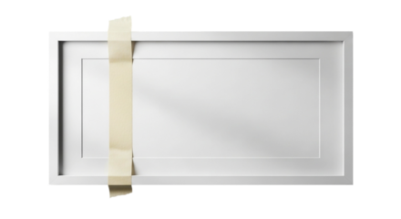 A white rectangular frame with a strip of tape running vertically across the center of the frame on transparent background
