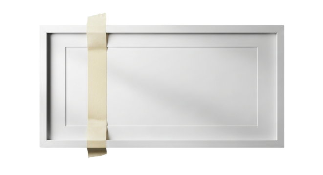 A white rectangular frame with a strip of tape running vertically across the center of the frame on transparent background