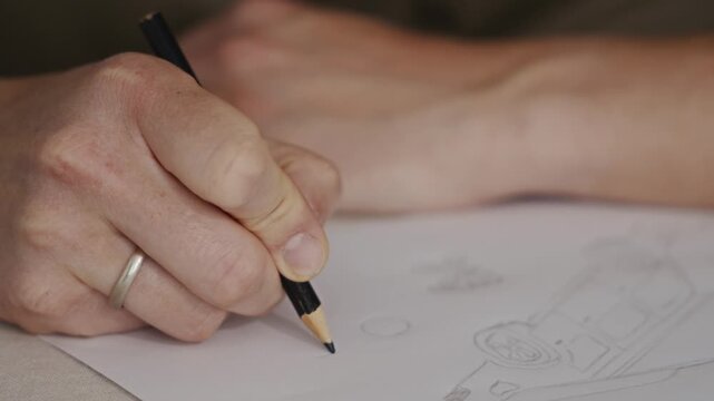 Close-up of male hand with pencil drawing first lines on white sheet. Concept of design thinking, idea creation and project development. High quality 4k footage