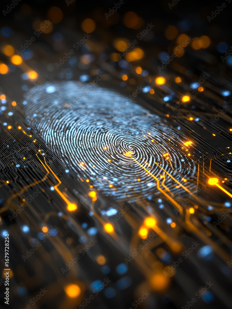 Poster digital fingerprint with glowing data network connections