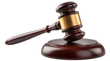 A wooden judge s gavel and sound block symbolizing justice and legal proceedings isolated on transparent background