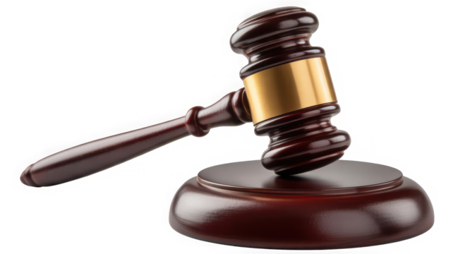 A wooden judge s gavel and sound block symbolizing justice and legal proceedings isolated on transparent background