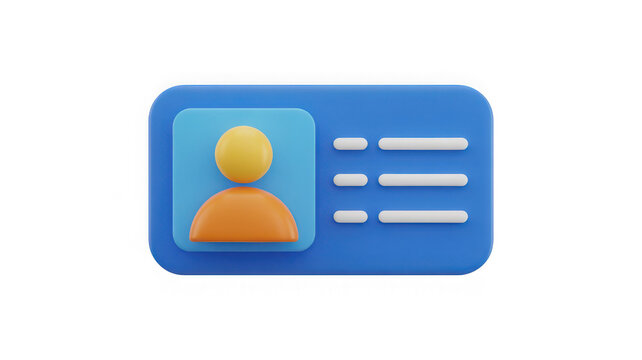 Stylized 3d icon representing a user profile or identification card with a person silhouette and text lines isolated on transparent background