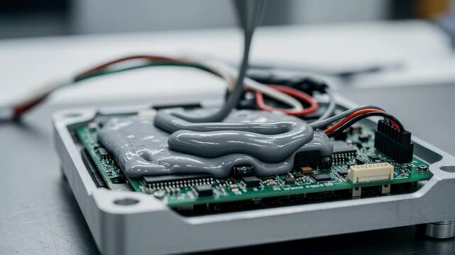 Closeup of potting compound dispensing nozzle applying insulation on seismic survey electronics ensuring device robustness in harsh terrains.