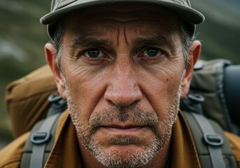 Obraz premium A close-up portrait of a mature man with a backpack looking at the camera.