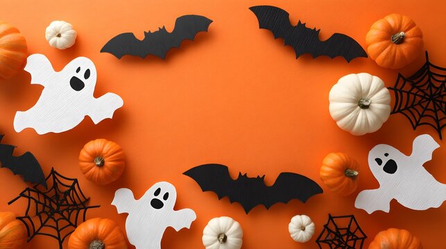 Whimsical halloween decorations featuring friendly ghosts black bats and autumn pumpkins on an orange background