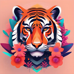 A vibrant surreal nature vector illustration blending realistic animals and blooming flowers with bold minimalism, gradient textures, and futuristic AI-inspired geometric patterns