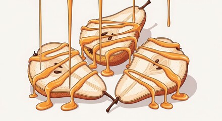 Illustrated Sliced Pears Drizzled with Sweet Caramel Sauce on a White Background
