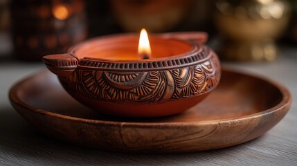 Terracotta Diwali diya lamp glowing on festive background