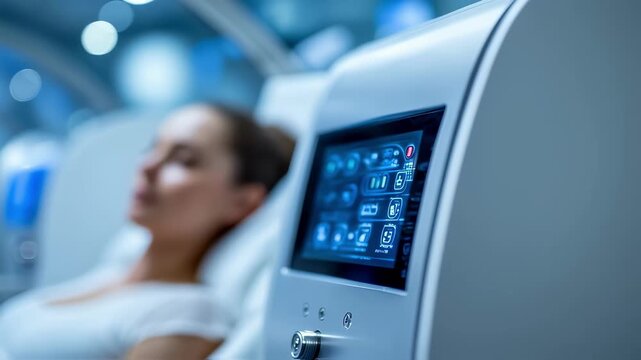 Modern hyperbaric oxygen chambers sleek interface in sharp focus during an antiaging session with a patient appearing relaxed and softly defocused in the background implying