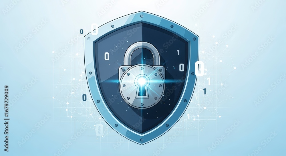 Aufkleber cybersecurity shield with glowing padlock and binary code on a blue digital background
