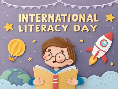 international literacy day illustration boy opening a book with a lot of knowledge. - Powered by Adobe