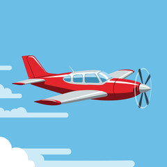 Red single engine propeller airplane flying in blue sky.