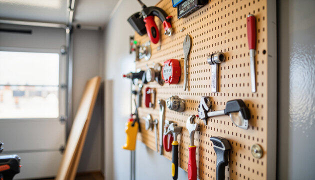 Tool wall with various hand tools organized on pegboard in workshop  