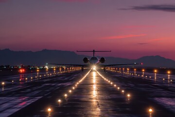 Lone Aircraft Taxiing with Illuminated Path at Dusk Under a Clear Twilight Sky