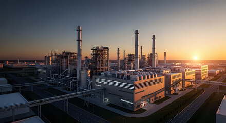 Modern industrial complex with towering pipes and structures bathed in warm sunset glow, showcasing advanced manufacturing.