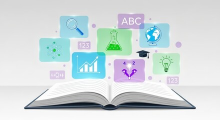 Open Book with Floating Educational Icons Representing Science Math and Knowledge