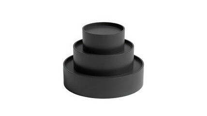 Three tier round black cake isolated on a clean minimalist presentation surface transparent background