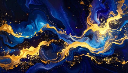 Abstract Blue and Gold Swirls: Liquid Marble Texture with Golden Glitter