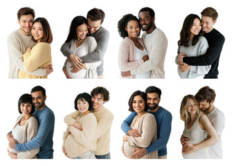 PNG Diverse couples embracing joyfully, element set on transparent background