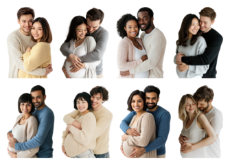 PNG Diverse couples embracing joyfully, element set on transparent background