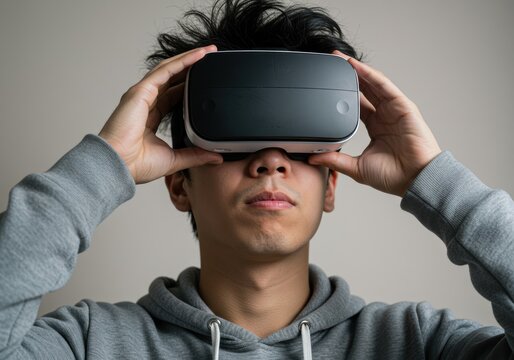 A young man is using a virtual reality headset, ready for the next level of immersive experience.
