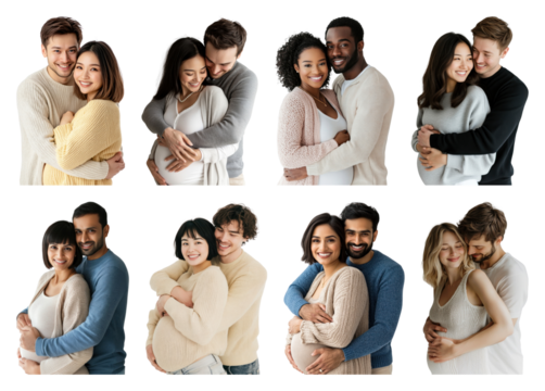 PNG Diverse couples embracing joyfully, element set on transparent background