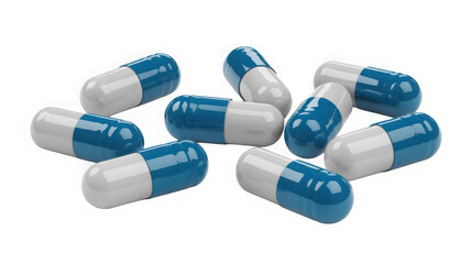 Heap of blue and white pharmaceutical capsules scattered naturally for medicine and health concepts transparent background