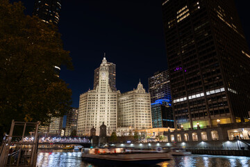 Night in Chicago city downtown. Skyscraper architecture. Chicago city cityscape. Cityscape night with skyscraper building. Skyline architecture. Chicago city with illuminated towers