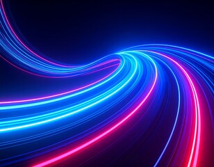 Abstract glowing curves of vibrant pink and blue light streaks on a dark background, suggesting speed and movement