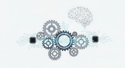 Artificial Intelligence Concept with Digital Brain Gears and Circuit Board on White Background