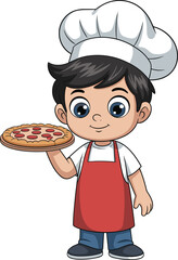 Cartoon boy chef holding pizza, happy kid cook in apron and hat, restaurant food illustration, culinary kitchen fun character.