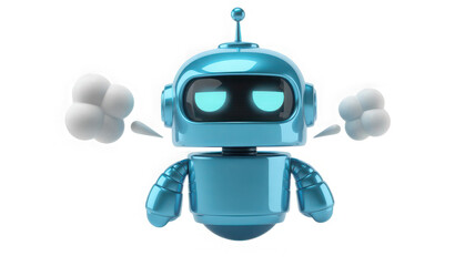 Cute blue robot with steam emitting from head expressing frustration or anger emotionally transparent background