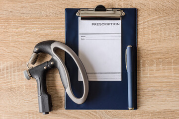 Blue medical clipboard and hand gripper on wooden table. Hand grip strengthener, clipboard and pen...