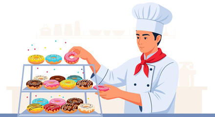 Chef Preparing Array Of Donuts For Display A Tasty Treat For Everyone To Enjoy