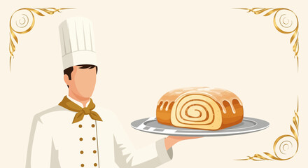 Chef presenting a delicious bread roll dessert with decorative golden border and background
