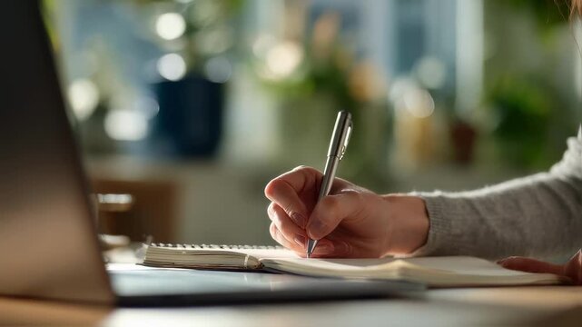 Side view medium shot of a functional tic disorder patient writing therapy insights on a notepad while participating in a webcam session screen reflections softly out of focus.